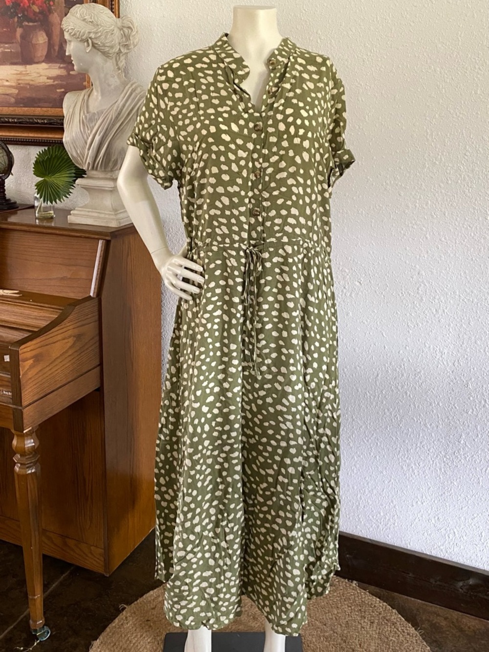 Olive Green Printed Drawstring Shirt Dress